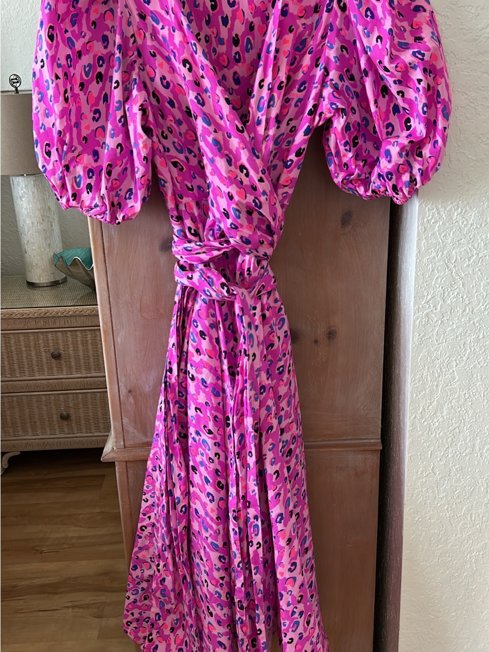 Lilly Pulitzer Vibrant Pink Leopard-Print Maxi Wrap Dress with Puff Sleeves